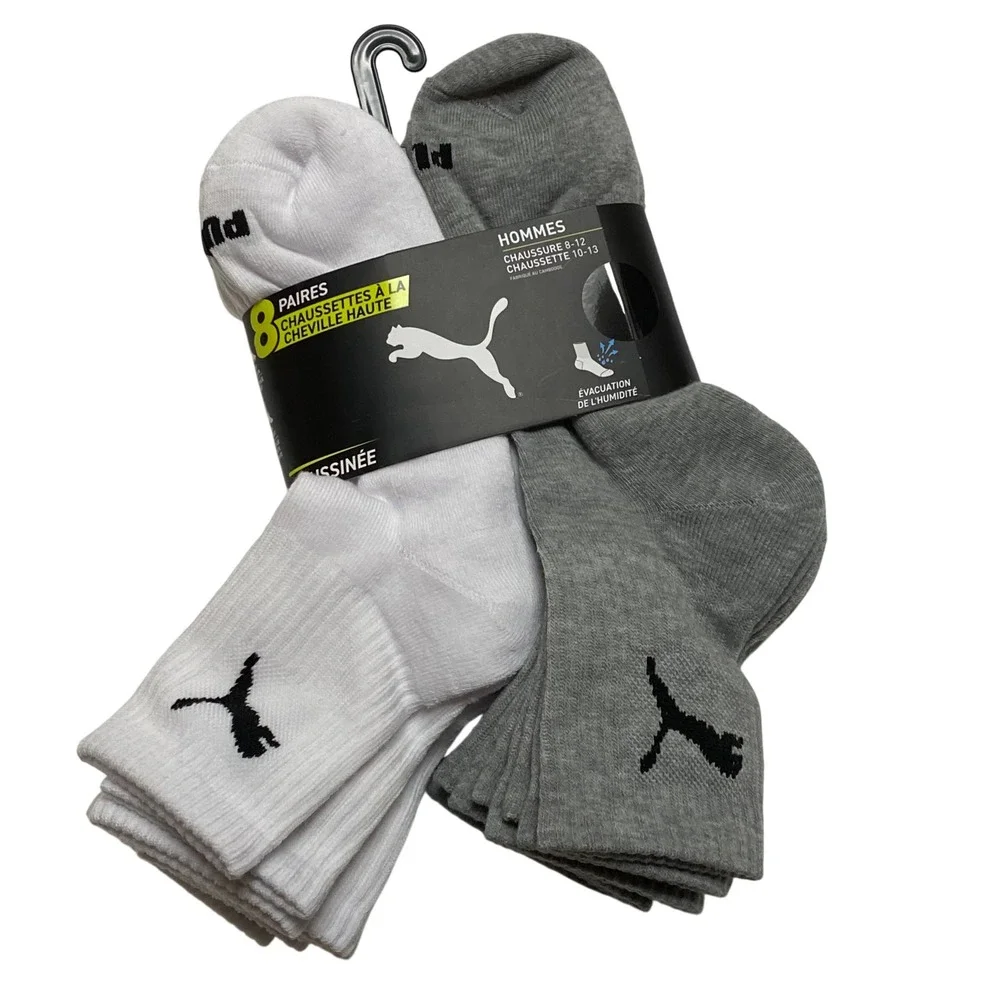 Puma Mens Hi Qtr Socks 8 Pair Pack White Grey Cushione Moisture Wicking 8-12 NWT